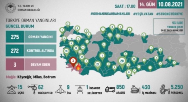 Son 14 günde çıkan 275 orman yangınından 272 si kontrol altında